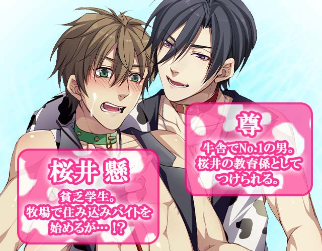 桜井　懸：貧乏学生。牧場で住み込みバイトを始めるが…！？／尊：牛舎でNo.1の男。桜井の教育係としてつけられる。／財前教授：大学の教授。桜井にバイトを紹介する。