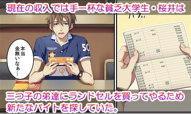 現在の収入では手一杯な貧乏大学生・桜井は三つ子の弟たちにランドセルを買ってやるため新たなバイトを探していた。