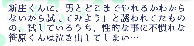 新庄くんに、「男とどこまでやれるかわからないから試してみよう」と誘われたものの、試しているうち、性的な事に不慣れな笹原くんは泣き出してしまい…